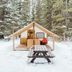 Sundance By Basecamp in Kananaskis, a tiny cabin in snowy forest with picnic table and chairs