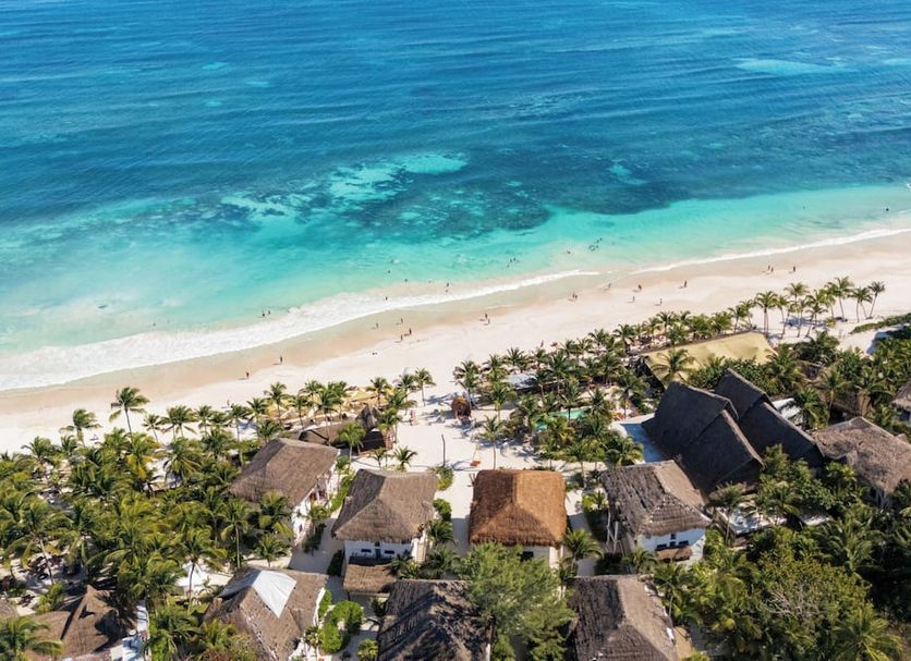 Selina Tulum beachfront resort with palm trees, thatched-roof bungalows, and turquoise ocean view