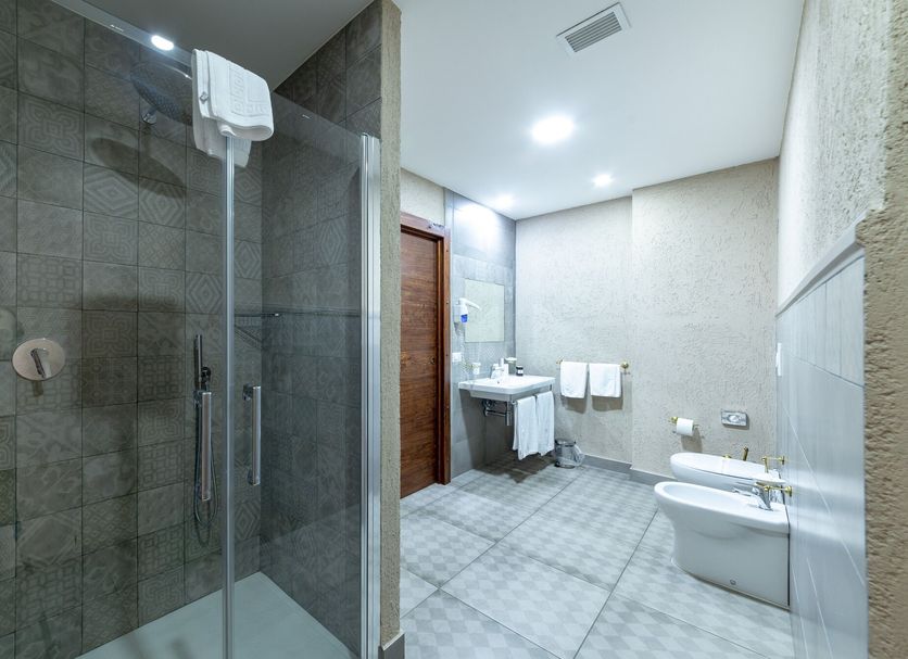 Hotel Del Sole in Pompei bathroom with glass shower, sink, bidet and towel rack