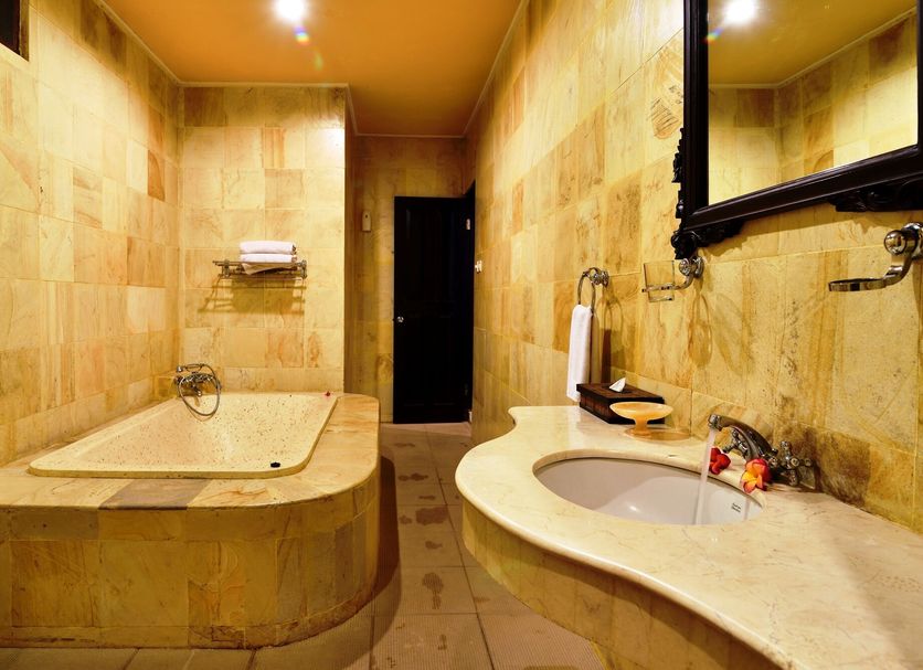 Dolphin Beach Bali in Banjar bathroom with beige stone tub, curved sink, and mirror