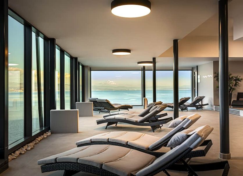 Grand Hotel Adriatic II in Opatija spa lounge with recliners and panoramic sea view