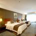 Sandalwood Hotel Beijing guest room with two beds, desk, TV and large window with city light