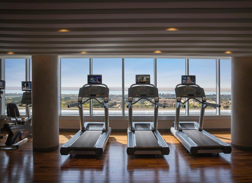 Centro Capital Centre Abu Dhabi gym with treadmills and panoramic city view