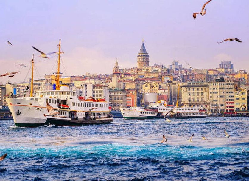 Mevlana Hotel, Istanbul waterfront view with ferry boats, seagulls, and city skyline