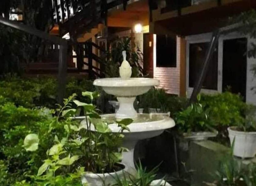 Residencia Leones de Castilla in Asuncion, garden courtyard with tiered fountain and potted plants