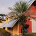 Hotel Cabanas Alto Da Serra in Canela, red A-frame cabin with palm tree and metal roof