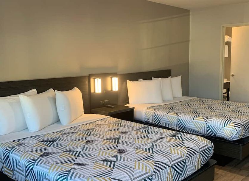 Motel 6 San Diego Airport Harbor room with two double beds and patterned bedding in San Diego
