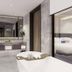 Kapuas Palace Hotel in Pontianak bathroom with freestanding tub, double vanity and glass bedroom view