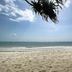 Aqua Resort, Diani Beach beachfront view with sandy shore, calm ocean, and palm fronds overhead