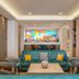Ddream Hotel in St. Julian's lounge with teal sofa, chairs, coffee table, and colorful wall art