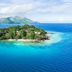 Royal Davui Island on Beqa Island, an aerial view of a tropical private island in turquoise sea