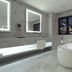 Amanti Hotel Seoul Hongdae bathroom with soaking tub and city skyline view in Seoul
