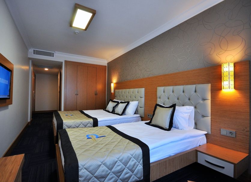 Double Comfort Hotel Ankara guest room with two twin beds, wall-mounted TV, and modern lighting