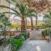 Hotel Massimo in Cecina, garden courtyard with palm trees, pathways, and outdoor seating