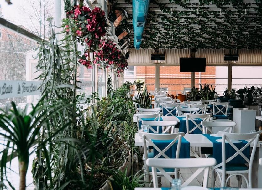 Sor Hotel Eskisehir dining area with white chairs, tables, and lush hanging plants in Eskişehir