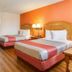 Motel 6 Clarksville Tn guest room with two beds, orange accent wall, and vanity area in Clarksville