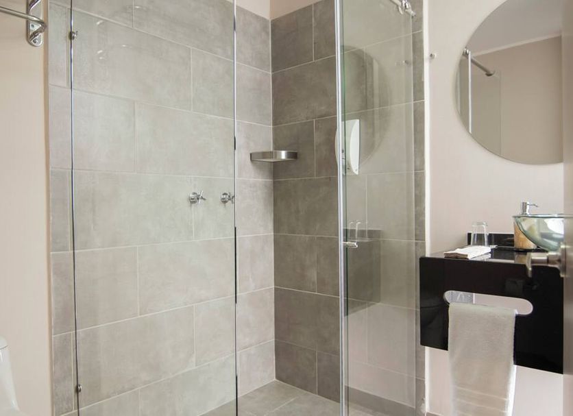 Eco Star Hotel Ibagué bathroom with glass walk-in shower and vanity sink