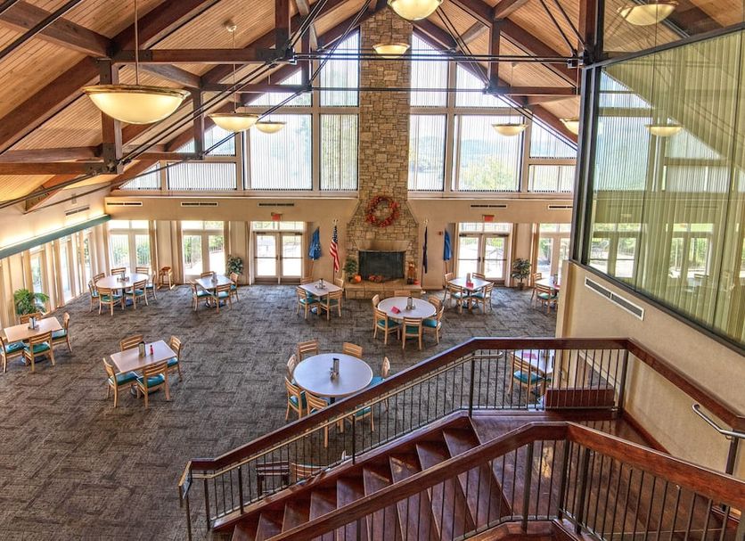 Dale Hollow Lake State Resort Park in Burkesville, spacious lodge lobby with high ceilings and seating area