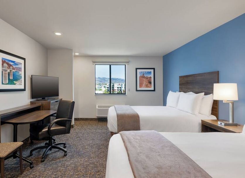 My Place Hotel-Las Vegas South/Henderson, NV room with two beds, desk, chairs and city view