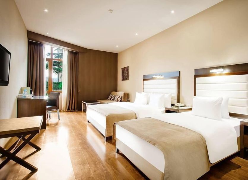 Hotel Orion Tbilisi twin room with two beds, wood flooring, and window curtains in Tbilisi