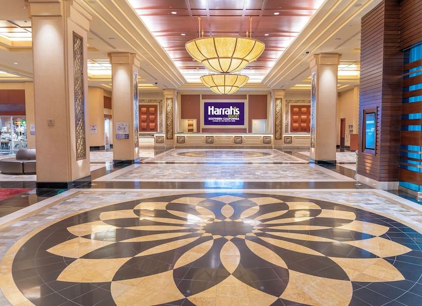 Harrah's Resort Southern California lobby with ornate tile floor and chandelier in Valley Center