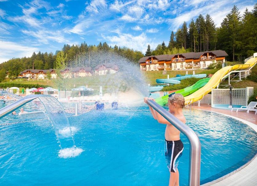 Eco Terme Snovik, Kamnik outdoor pool with water jets, slide and hillside lodges in Laze v Tuhinju