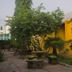 Airport X Managua courtyard with yellow exterior walls, trees, and stone picnic tables