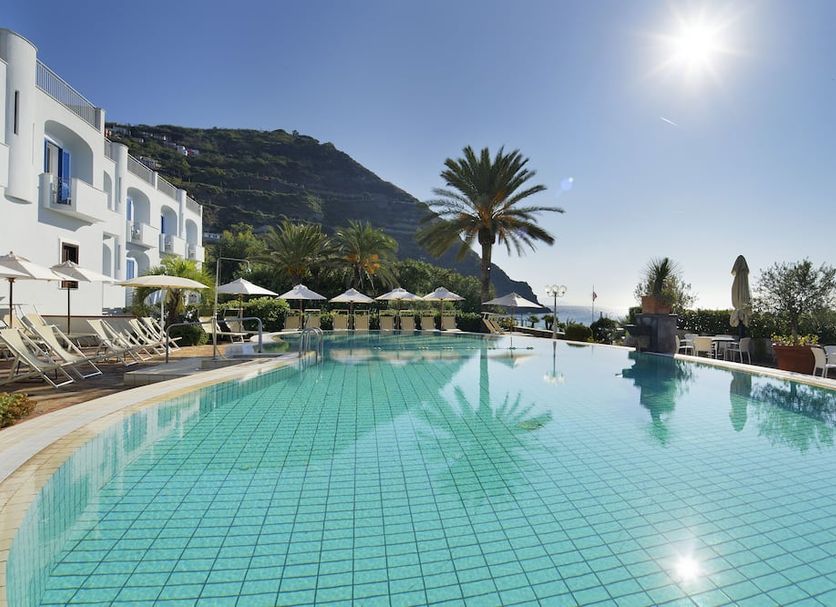 Hotel Parco Smeraldo Terme in Ischia with a sunlit pool, palm trees and sea views beside white villas.