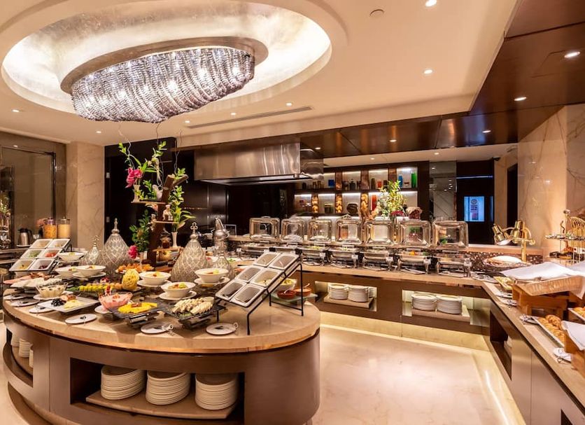 Braira Al Olaya in Riyadh buffet restaurant with chandelier and extensive breakfast spread