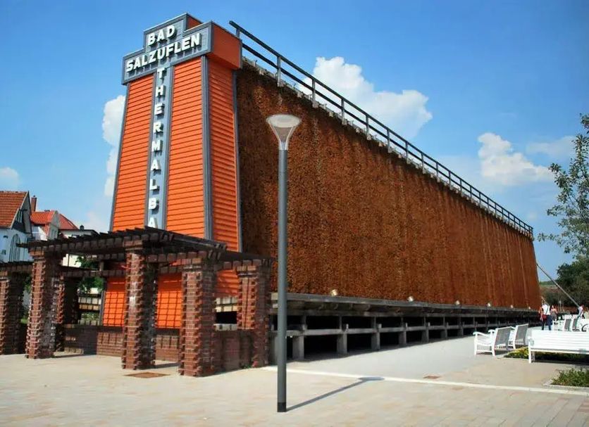 Salzufler Hof in Bad Salzuflen next to a large salt graduation tower and outdoor seating