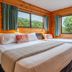 Tasman Holiday Parks - Coromandel cabin bedroom with two beds and large windows overlooking trees