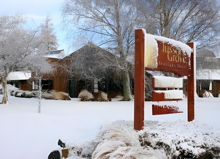 Tussock Grove Boutique in Ohakune covered in snow with trees and a wooden entrance sign
