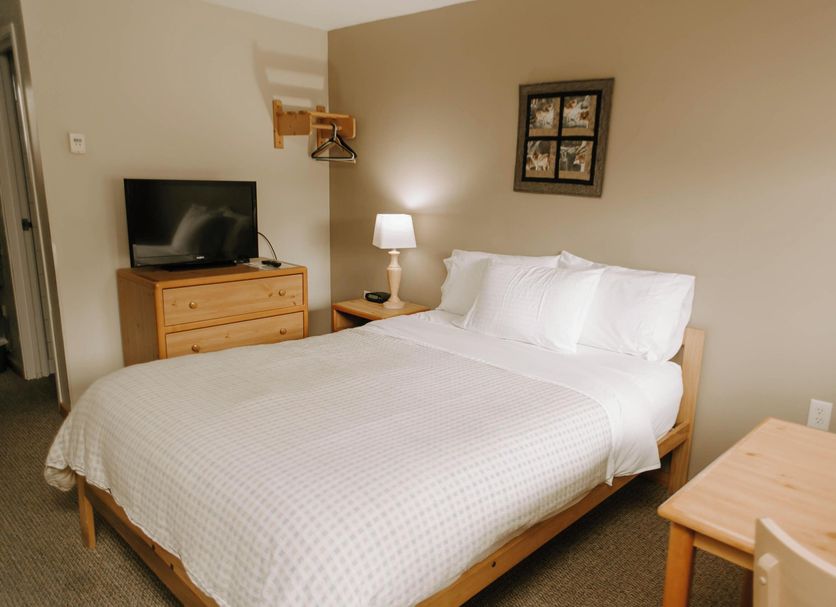Adventure Inn, Ely: guest room with queen bed, dresser, lamp, TV and bedside table
