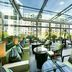 Hengshan Garden Hotel in Shanghai sunlit glass atrium lounge with green seating and city views