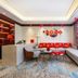 Anhui Construction New Era Hotel, Bengbu: modern lounge with L-shaped sofa, red Chinese decorations, and large window