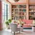 the goodtime hotel, Miami Beach: pastel lounge with bookshelves, pink sofa and sunlit seating area