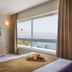 Leonardo Plaza Hotel Eilat room with sea view, desk, and fruit tray in Eilat