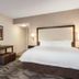 Hampton Inn Turlock guest room with king bed, TV, and seating area