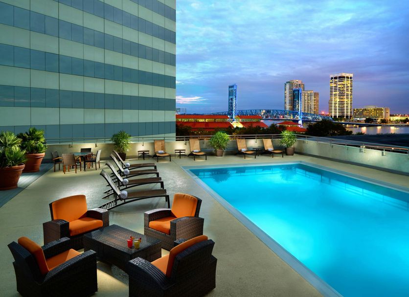 Marriott Jacksonville Downtown rooftop pool with city skyline views in Jacksonville