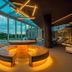 Terme Preistoriche Resort & Spa in Montegrotto Terme spa lounge with glowing circular seating and poolside views