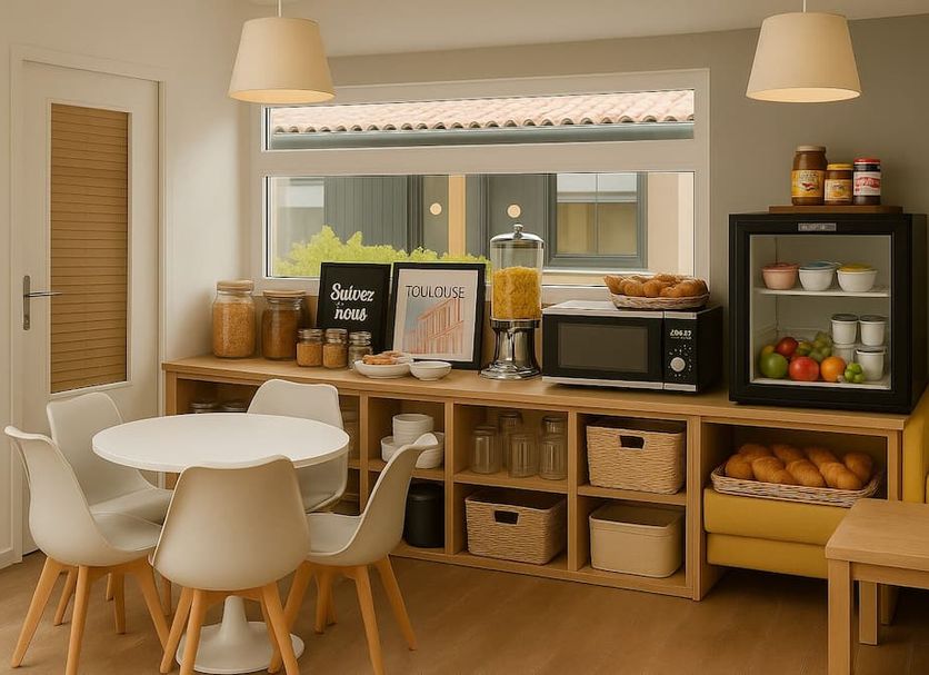 Résidence Thibaud in Toulouse breakfast nook with round table, food shelves, microwave and seating