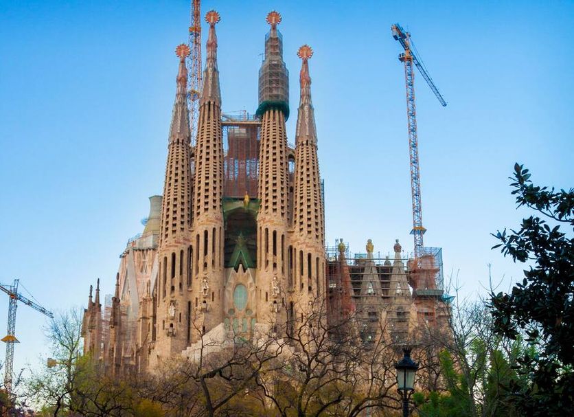 Sant Jordi Hostels Rock Palace in Barcelona with a view of the Sagrada Familia and construction cranes