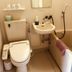Resort Inn Marion Shinano bathroom with toilet, sink, mirror, and bathtub handrail in Hakuba