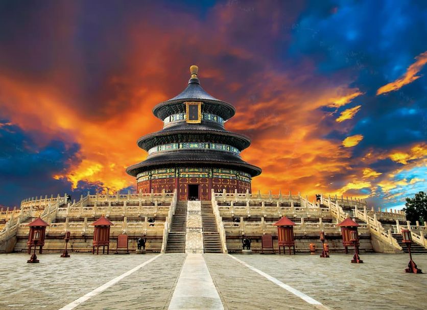 Pan Pacific Beijing in Beijing, grand circular pavilion-style hotel at sunset with dramatic sky