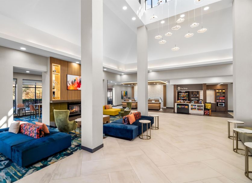 Hilton Garden Inn Cartersville lobby with colorful seating and high ceilings