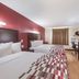 Red Roof Inn & Suites Denton room with two beds, desk, TV, and window curtains in Denton