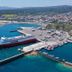 Aerial harbor view at Golden Coast Hotel & Bungalows in Marathon, with ferry docked by clear blue water