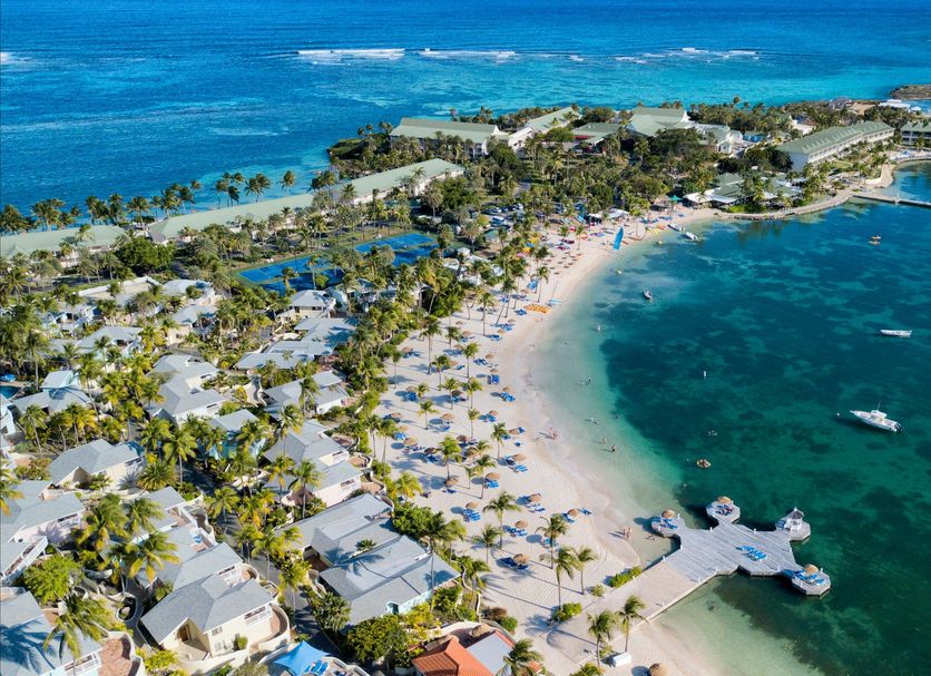 St. James's Club Antigua in English Harbour, aerial view of beach, turquoise bay and marina