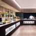 Hyatt Regency London Stratford buffet station with chef, illuminated counters, and assorted breakfast dishes