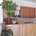 Nestor in Zacháro reception counter with wooden cabinets and potted plants